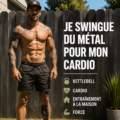 Femme s'entraînant avec un kettlebell dans un cadre accueillant, montrant un mouvement de swing dynamique.