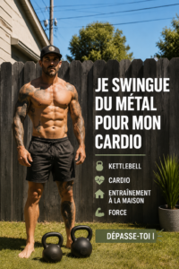 Femme s'entraînant avec un kettlebell dans un cadre accueillant, montrant un mouvement de swing dynamique.
