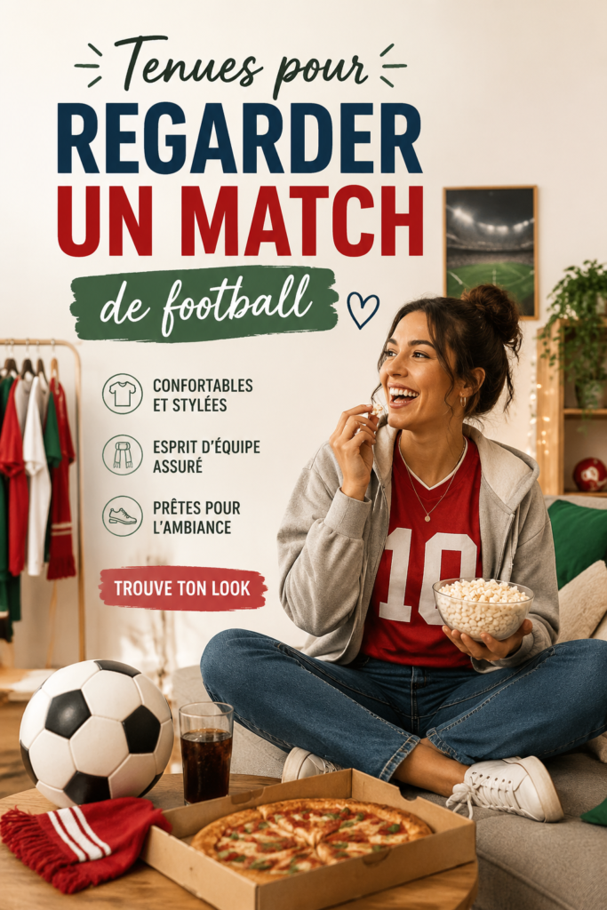 Femme élégante en tenue de match de football, arborant les couleurs de son équipe.