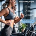 Femme utilisant un supplément pré-entraînement avant une séance de cardio