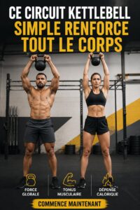 Femme souriante effectuant un exercice kettlebell dans un parc, renforçant son corps.