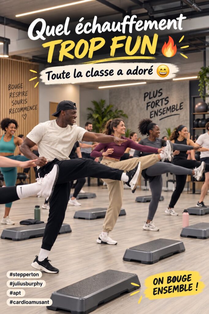 Une classe de fitness joyeuse s'échauffe ensemble avec des mouvements dynamiques.