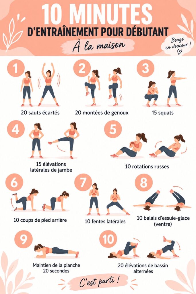 Femme s'entraînant chez elle pendant 10 minutes avec un exercice de fitness