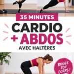 Femme pratiquant un entraînement ab avec haltères à la maison.