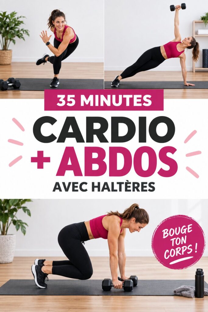Femme pratiquant un entraînement ab avec haltères à la maison.