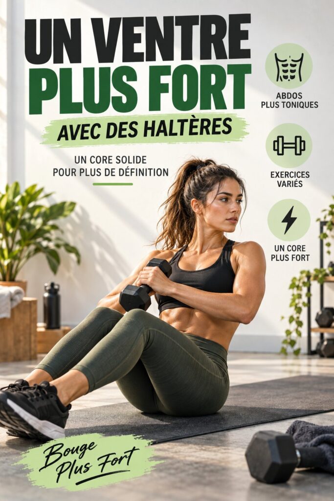 Femme faisant des exercices de renforcement abdominal avec des haltères.