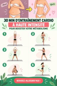 Femme s'entraînant avec intensité lors d'un cardio de 30 minutes.