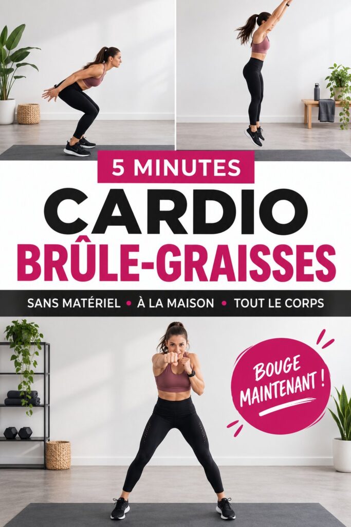 Femme réalisant un entraînement cardio de 5 minutes à la maison.