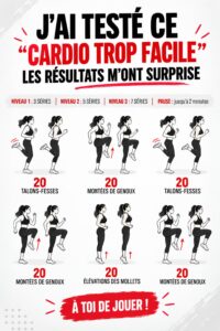 Une femme souriante réalisant un entraînement cardio facile à domicile, démontrant joie et dynamisme.