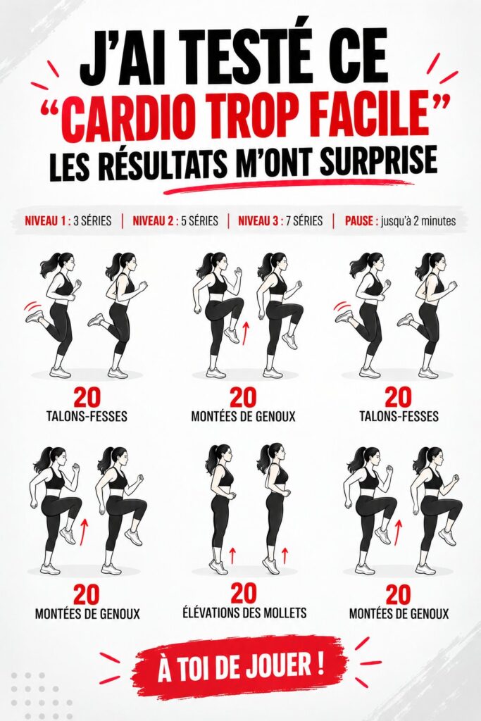 Une femme souriante réalisant un entraînement cardio facile à domicile, démontrant joie et dynamisme.