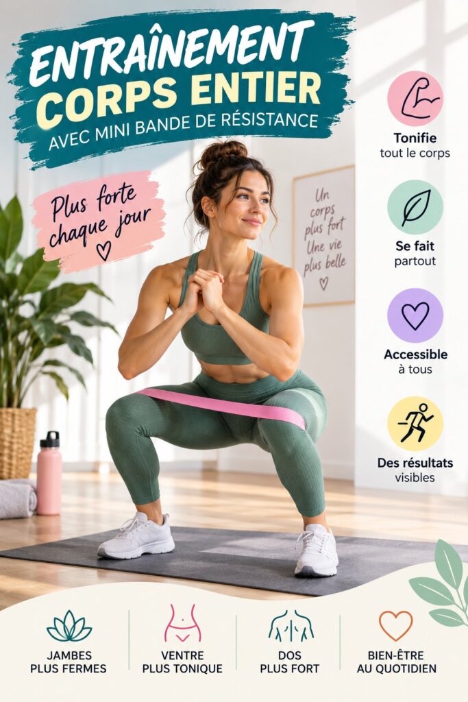 Femme effectuant un entraînement complet avec des bandes de résistance à la maison, vue dynamique.