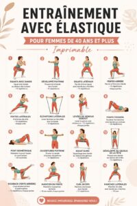 Femme de 40 ans pratiquant un entraînement avec élastiques à la maison.