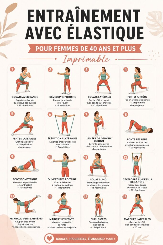Femme de 40 ans pratiquant un entraînement avec élastiques à la maison.