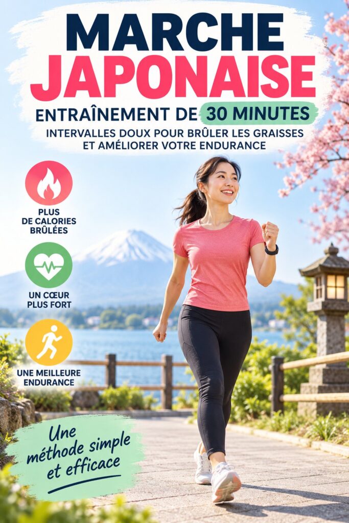 Femme de 30 à 50 ans pratiquant une marche japonaise en extérieur