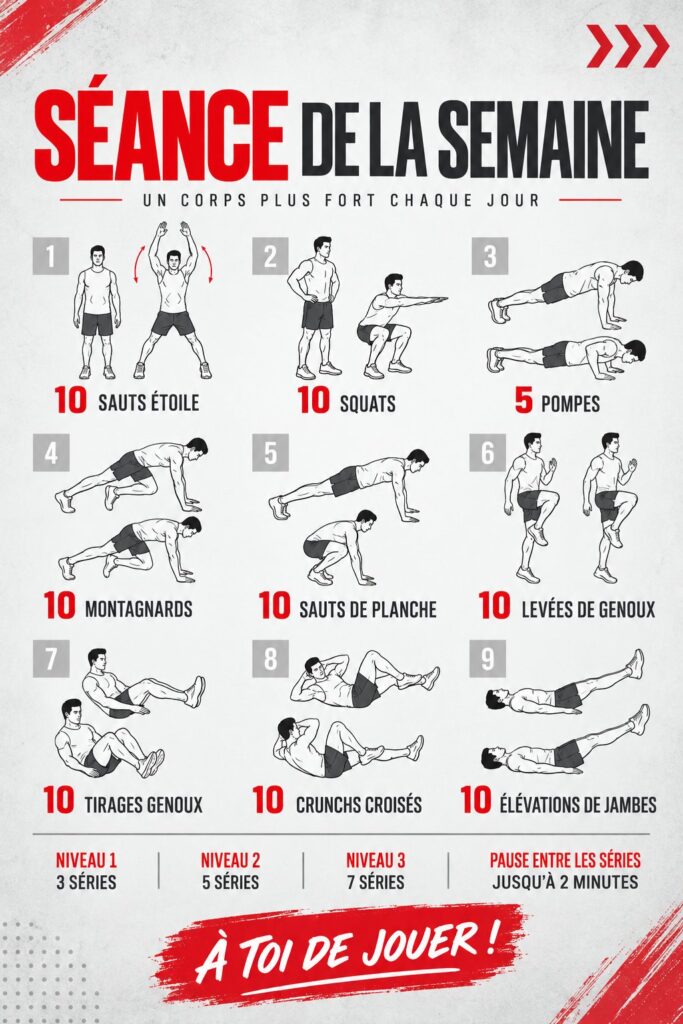 Femme souriante en train de faire un entraînement fitness à domicile, illustrant le concept d'un entraînement hebdomadaire.