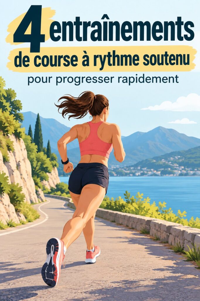 Femme courant avec concentration sur un chemin en plein air, représentant l'entraînement tempo.