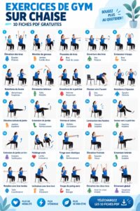 Femme faisant des exercices de fitness sur chaise à la maison, en utilisant un PDF imprimable.