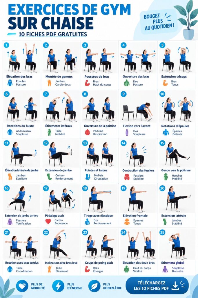 Femme faisant des exercices de fitness sur chaise à la maison, en utilisant un PDF imprimable.