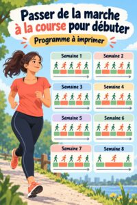 Femme courant dans un parc, illustrant la progression de la marche à la course.