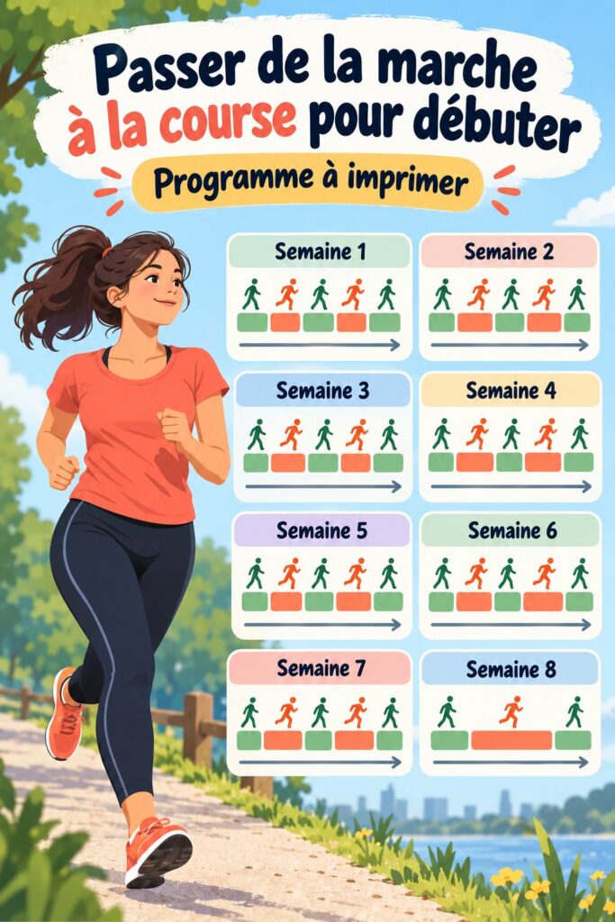Femme courant dans un parc, illustrant la progression de la marche à la course.