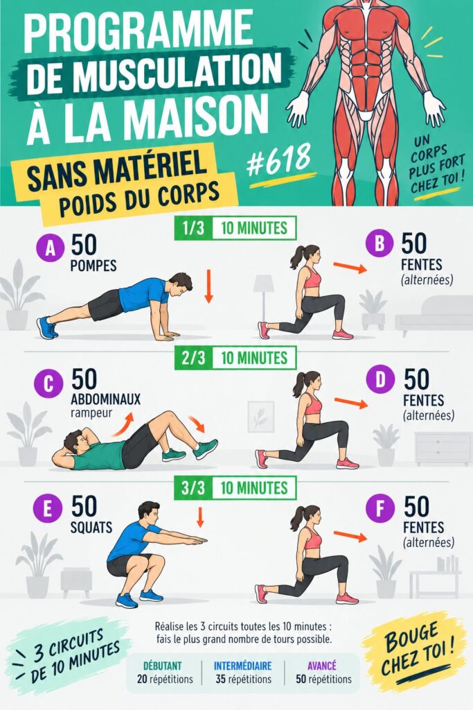 Femme faisant de la musculation à domicile sans matériel dans son salon.