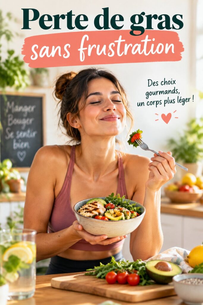Femme souriante lors d'un entraînement de fitness, symbolisant la perte de gras positive.