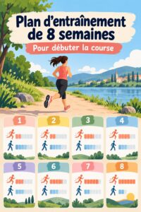 Femme courant dans un parc, illustrant un plan de course sur 8 semaines.
