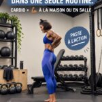 Femme en train de faire une séance d'entraînement complète combinant cardio et musculation à domicile.