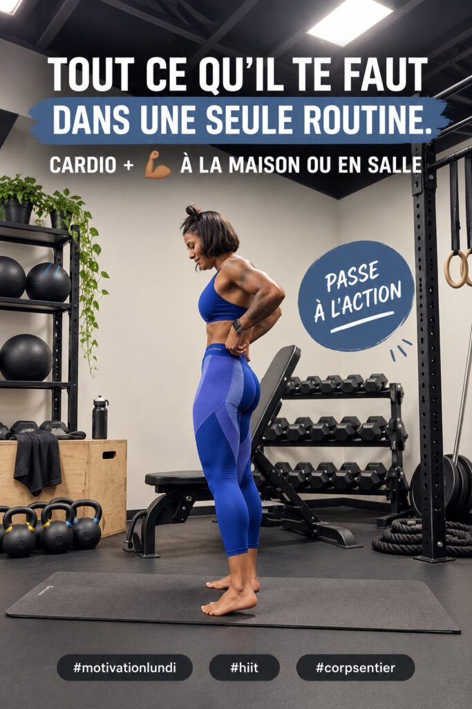Femme en train de faire une séance d'entraînement complète combinant cardio et musculation à domicile.
