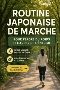 Femme en train de marcher en extérieur, inspirée par une routine de marche japonaise pour santé et énergie.
