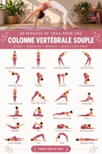 Une femme pratiquant le yoga dans un jardin, en pleine posture pour assouplir la colonne vertébrale.