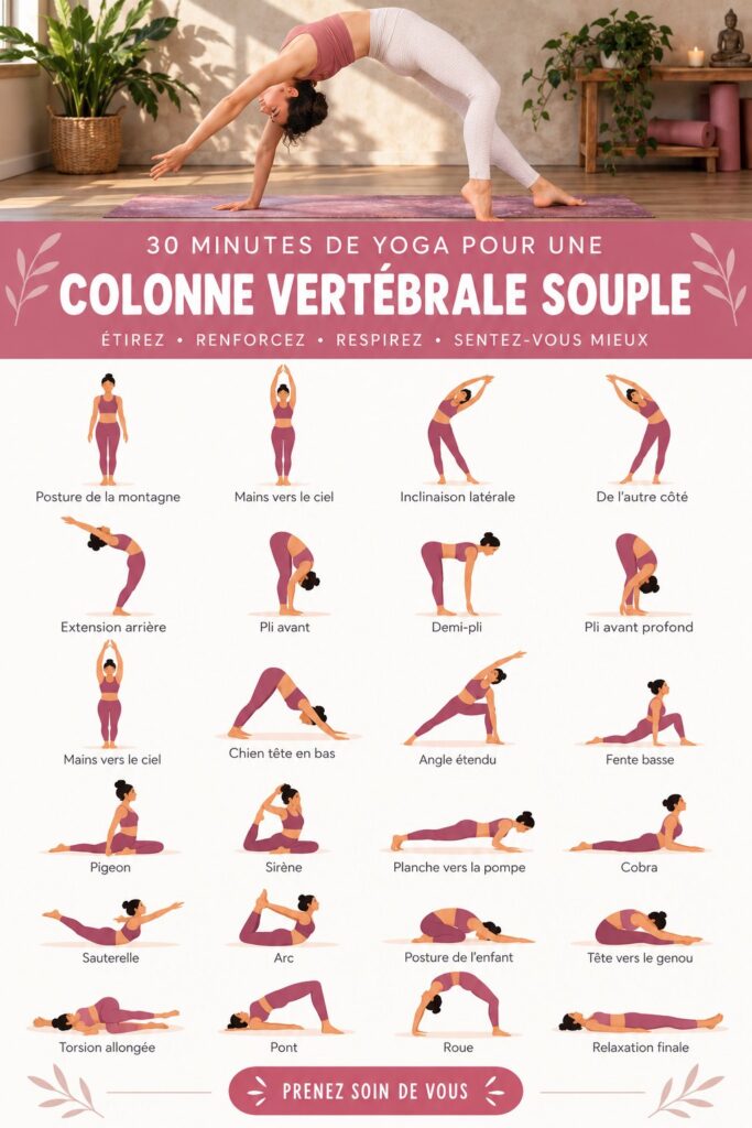 Une femme pratiquant le yoga dans un jardin, en pleine posture pour assouplir la colonne vertébrale.