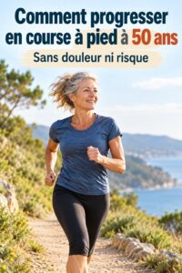 Femme de 50 ans courant dans un parc, heureuse et en forme.