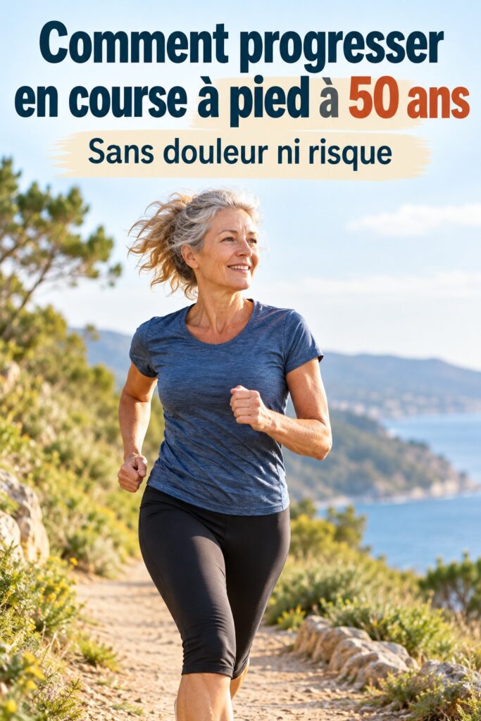 Femme de 50 ans courant dans un parc, heureuse et en forme.