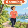 Une femme souriante, chaussée de baskets, commence à courir dans un parc verdoyant.