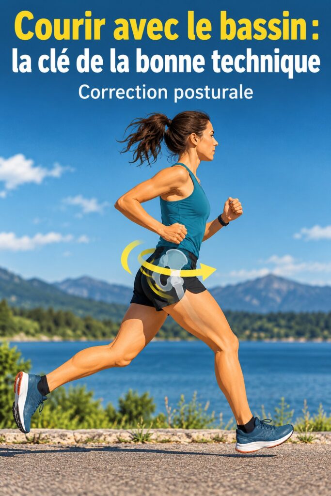 Femme courant sur un chemin, mettant en avant la posture correcte du bassin.