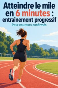 Femme courant sur une piste, visant un mile en 6 minutes. Entraînement fitness et motivation au rendez-vous.