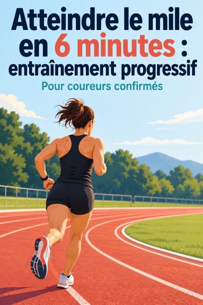Femme courant sur une piste, visant un mile en 6 minutes. Entraînement fitness et motivation au rendez-vous.
