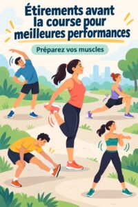 Femme en train de s'étirer avant de courir, montrant des étirements pré-course. Mots-clés : entraînement, étirement, course.