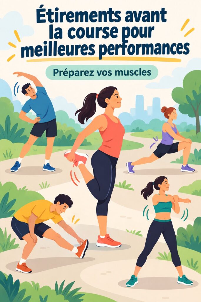 Femme en train de s'étirer avant de courir, montrant des étirements pré-course. Mots-clés : entraînement, étirement, course.