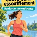 Femme courant dans un parc avec des exercices de renforcement en arrière-plan.