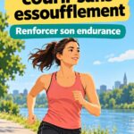Femme courant dans un parc avec des exercices de renforcement en arrière-plan.