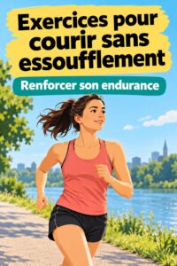 Femme courant dans un parc avec des exercices de renforcement en arrière-plan.