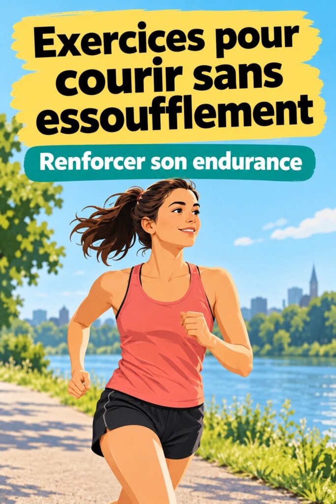 Femme courant dans un parc avec des exercices de renforcement en arrière-plan.
