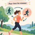 Femme courant et marchant en alternance sur un sentier, illustrant la méthode marche-course.