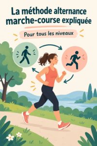 Femme courant et marchant en alternance sur un sentier, illustrant la méthode marche-course.