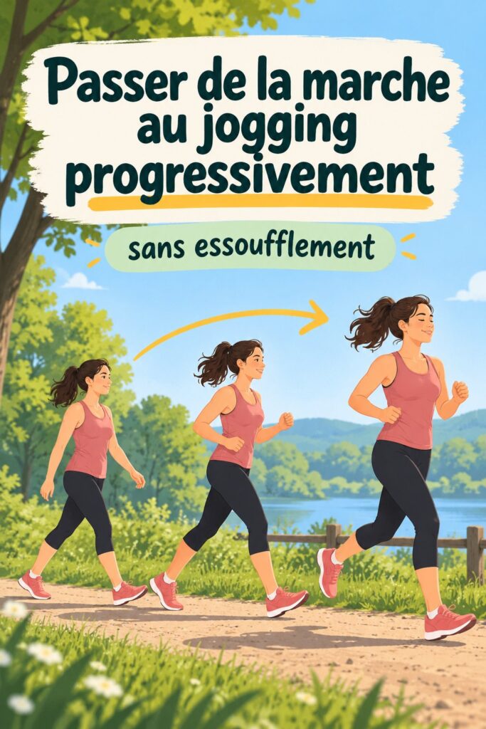 Femme courant dans un parc, symbolisant la transition de la marche au jogging.