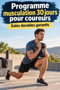 Une femme courant dans un parc, souriante et énergique, représentant un plan d’entraînement efficace sur 30 jours.