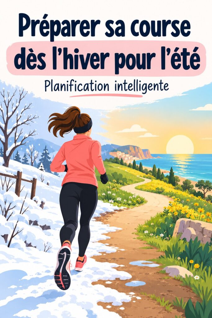 Femme courant sur un sentier en hiver, préparant sa course d'été