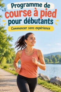 Femme courant dans un parc, souriant et plein d'énergie, illustration d'un programme de course pour débutantes